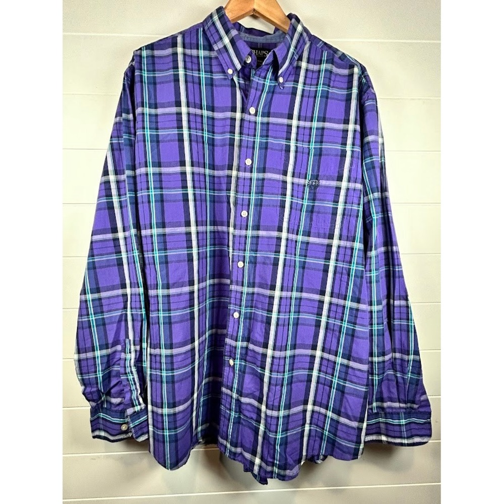 Chaps Mens Big Tall XLT Easy Care Purple Plaid Button Down Shirt